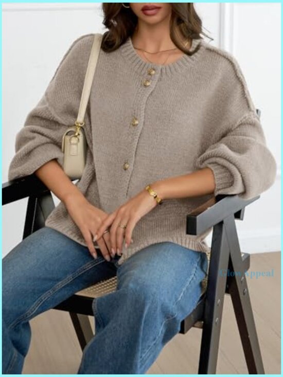 Oversized Chunky Knit Cardigan with Lantern Sleeves, Button Front, Soft - Picture 4 of 7